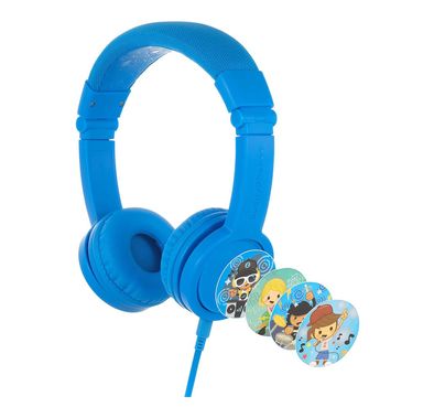 سماعات رأس سلكية للأطفال من BuddyPhones Explore+ مع كابل صوت قابل للفصل، وعصابة رأس قابلة للطي ومبطنة، و4 ملصقات زخرفية، وعمر بطارية يصل إلى 8 ساعات - أزرق رائع