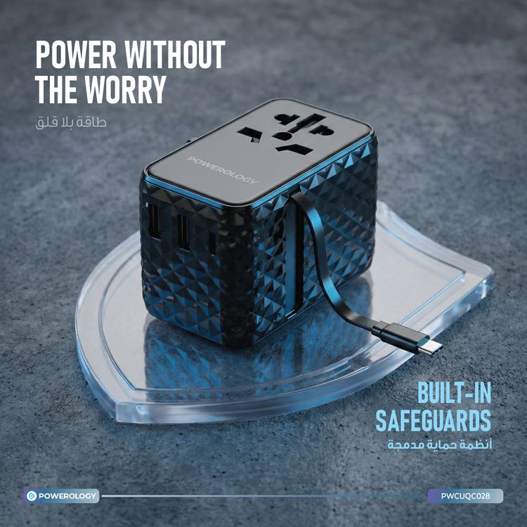 Powerology GaN 20W PD Universal Adapter with Retractable Type-C Cable, Simultaneous Charging, Includes Spare Fuse, Built-In Safeguard - White