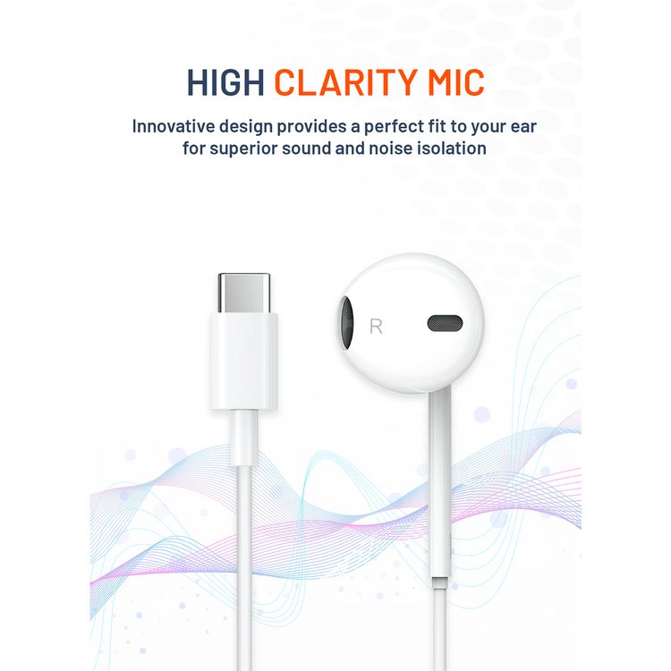 Porodo Soundtec Mono Earphone with Type-C Connector, 3-Button Controls, High-Clarity Microphone, 120 cm Cable Length - White