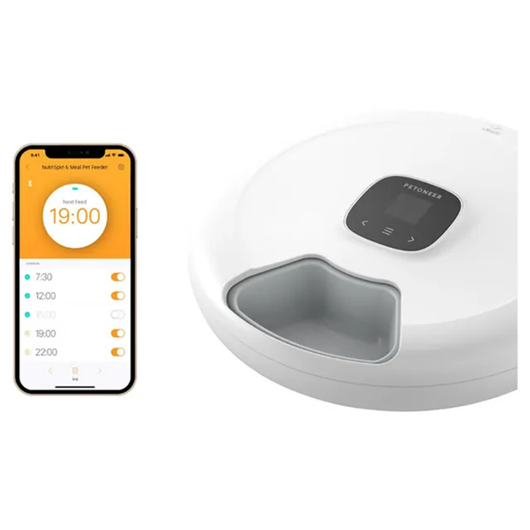 Petoneer NutriSpin 6 Meal Pet Feeder with 170mL Capacity per Compartment, Paw Protection, Detachable Design, Wet and Dry Food Blend, VA display - White