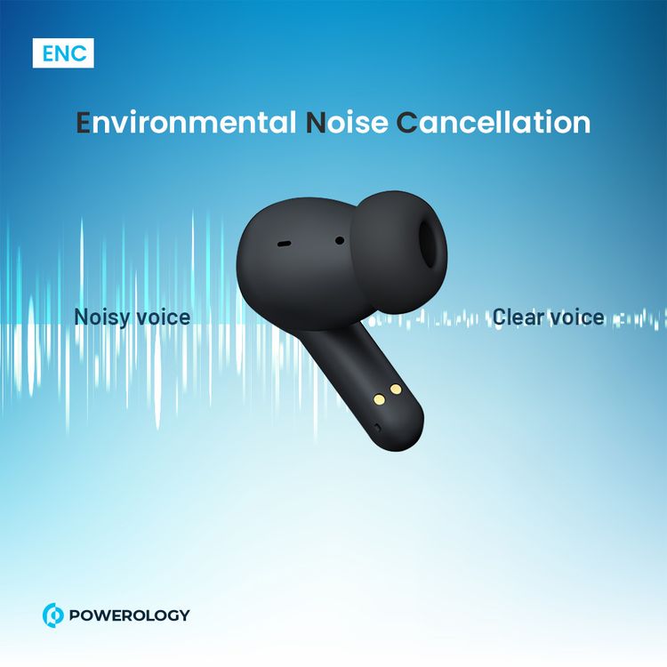 سماعات أذن لاسلكية Powerology Quad Mic ENC True، وقت تشغيل يصل إلى 6 ساعات، بلوتوث 5.3، شحن من النوع C، مسافة نقل 10 أمتار، أضواء RGB - أسود