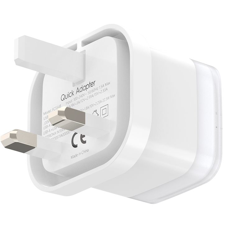 Powerology Lunex Dual-Port Fast Charging Adapter with USB-C & USB-A Ports, 35W Power Delivery, 22.5W USB-A Output, UK 3-Pin Plug, Universal Protocol Support, Multi-Device Charging - White