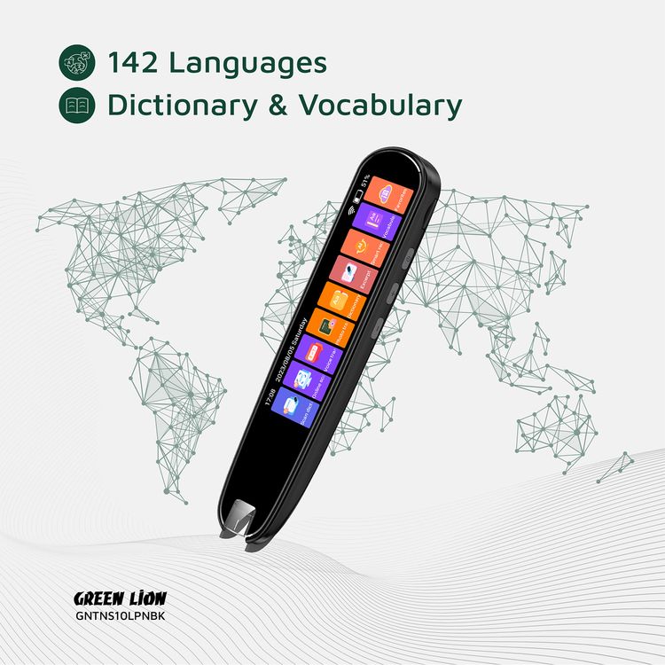 Green Lion Translation Pen with Touch Screen Interface, Photo, Voice & Scan Translation Capability, Bluetooth & Wi-Fi Connectivity, Dictionary & Vocabulary Access, Smart Recording, OCR Technology, Up to 8 Hours Working Time, 142 Languages Supported, Type-C Charging Port - Black