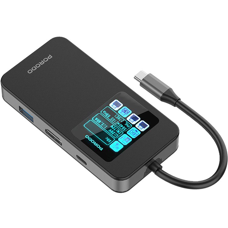 Porodo 6-in-1 Multi-Port USB-C Hub with Smart Digital Display, 150mm Cable Length, 4K@60Hz HDMI Output, 100W Power Delivery, High-Speed Data Transfer, Plug & Play Operation - Gray