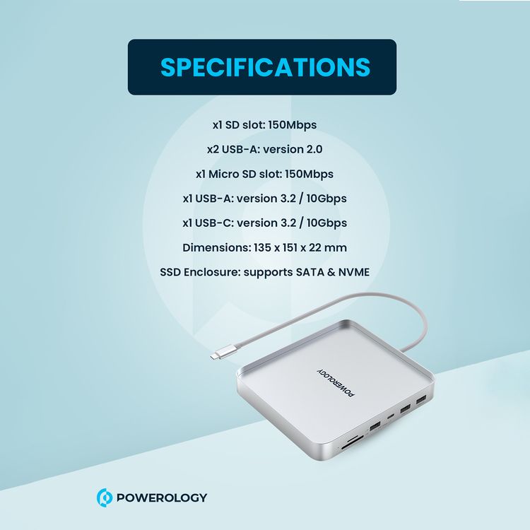 Powerology USB-C Hub & Stand for iMac 24", SSD Enclosure, NVMe & SATA Support, Non-Slip Base, USB-A 3.2 with 10Gbps Data Transfer, 150Mbps microSD Slot - Gray
