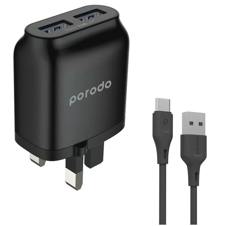Porodo Main Charger, Dual USB Wall Charger 2.4A with Improved Version PVC Type-C Cable 1.2m Compatible for Type-C Devices, UK 3pin Plug, Over-heat Protection - Black