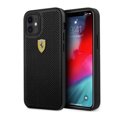 Ferrari On Track PU Leather Perforated Hard Case Metal Logo for iPhone 12 Mini (5.4") - Black