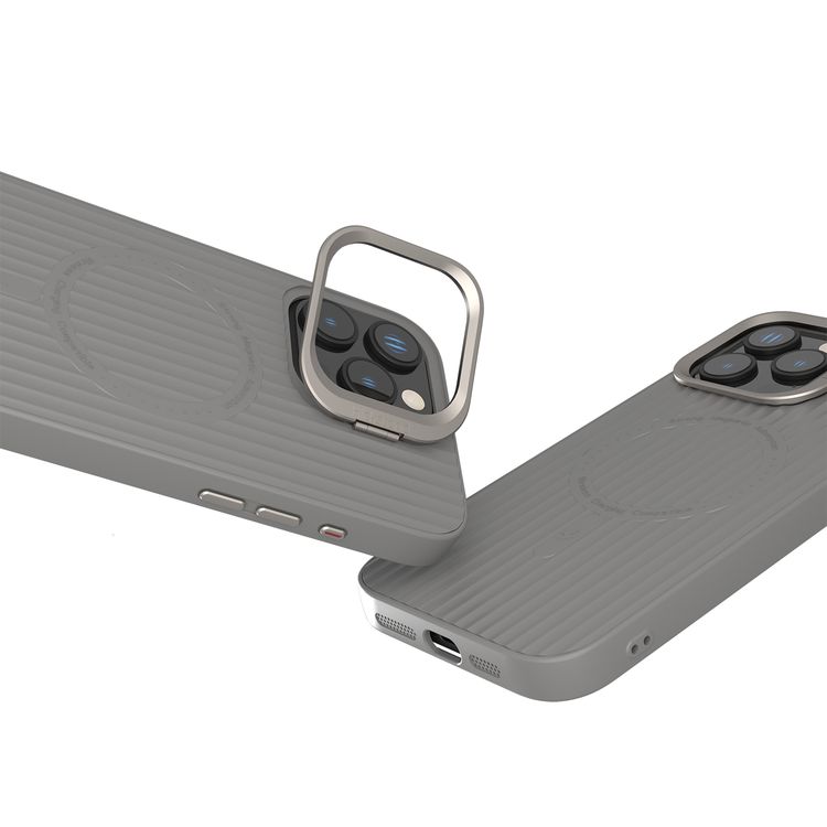 Levelo Livia Case for iPhone 16 Pro Max with MagSafe Compatibility, Impact-Resistant Corners, Built-in Kickstand, TPU with Silicone Surface, Metal Camera Ring - Gray