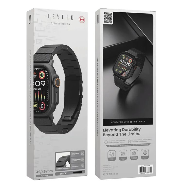 Levelo Fusion Resin Strap for Apple Watch 49/46 mm, Adjustment Tool, Hypoallergenic Material, Stainless Steel, Lightweight, Highly Durable, Anti-Oxidation Technology - Black