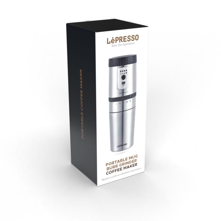 LePresso Portable Burr Mini Grinder and Coffee Maker with Type-C Charging Port, Adjustable Grind Size, Drip Filter, Travel Mug, 250mL Mug Capacity, 18g Coffee Bean Capacity, 1600mAh Battery - Silver