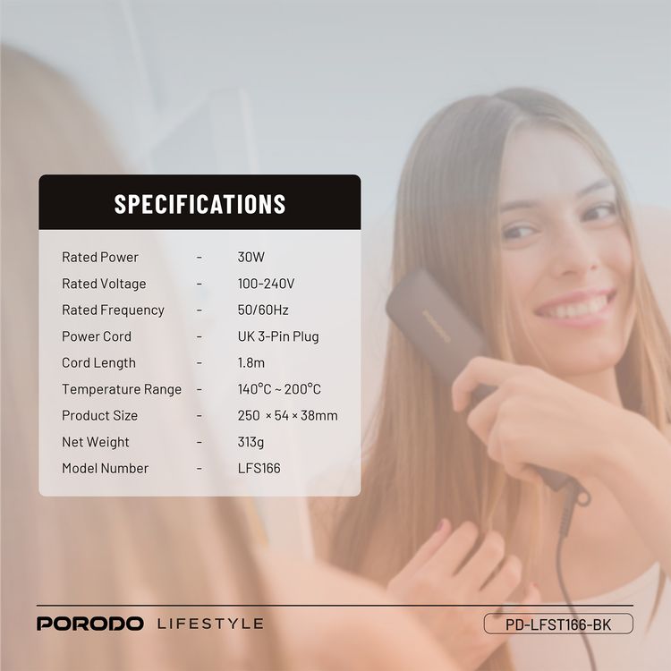 Porodo Lifestyle Electric Heated Hair Straightener Brush with 5 Temperature Settings, 30W Rated Power, 30 Seconds Fast Heating Time, 70% Frizz Reduction, Auto Shut-Off - Black