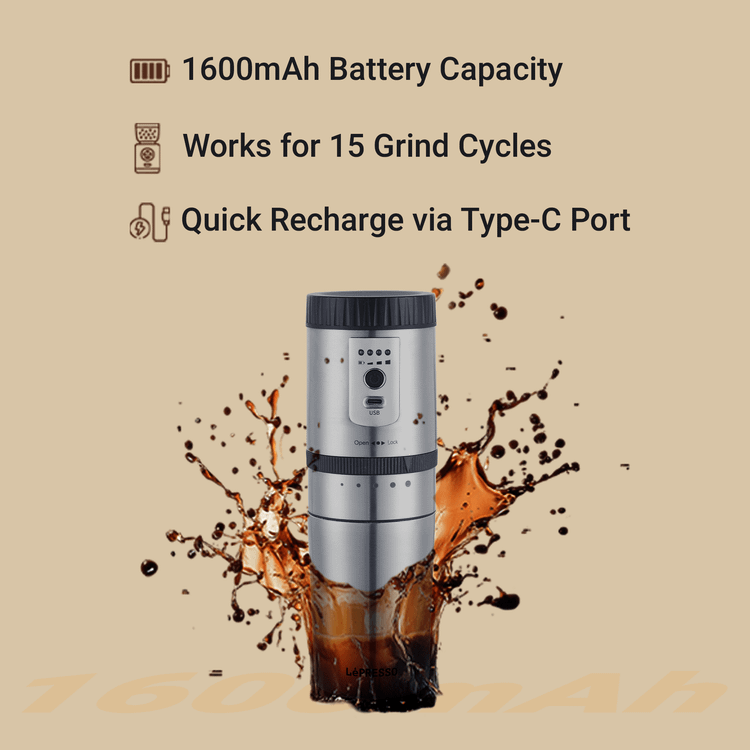 LePresso Portable Burr Mini Grinder and Coffee Maker with Type-C Charging Port, Adjustable Grind Size, Drip Filter, Travel Mug, 250mL Mug Capacity, 18g Coffee Bean Capacity, 1600mAh Battery - Silver
