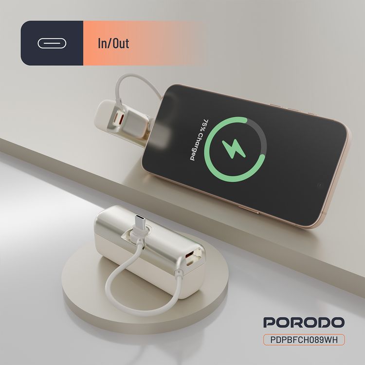 Porodo Pocket Volt 5000mAh Power Bank with Built-in Type-C Connector, 22.5W Power Delivery, Fast Charging Support, Compact Design, 15W Total Output - White