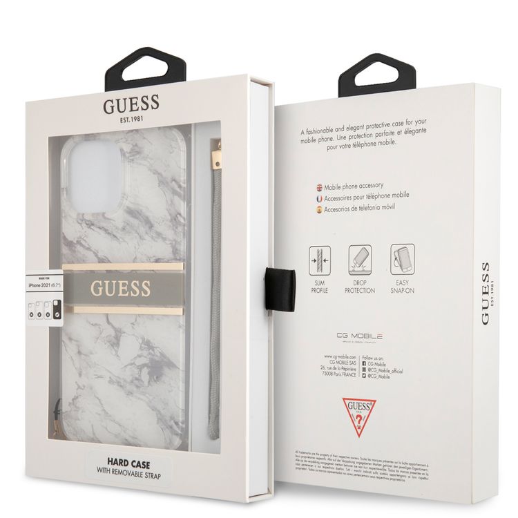 CG MOBILE Guess PC/TPU Case Marble Design & Stripe with Nylon Strap Compatible for iPhone 13 Pro Max (6.7") Back Cover Suitable with Wireless Charging Officially Licensed - Gray