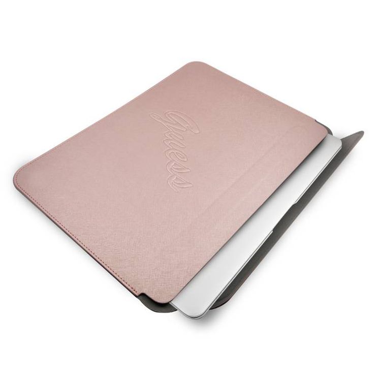 Guess PU Saffiano Script Computer Sleeve 13" with High-Quality Synthetic Leather Material, Water Resistant, Magnetic Closure - Pink