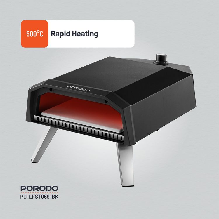 Porodo Lifestyle 12" Pizza Outdoor Oven with Foldable Legs, 60s Cooking Time, 500° C Rapid Heating, Butane & Propane Compatible, 30-45 Minutes Pre-Heat Time, Piezo Ignition - Black