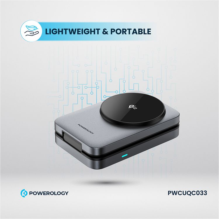 Powerology 3-in-1 Foldable Wireless Magnetic Charging Hub, Fast Charging, Multi-Device, Horizontal & Vertical View, Type-C Input Interface, Lightweight & Portable, Qi2 for iPhone 15 & 16, 15W Magsafe Power, 2.5W Watch Power, 5W Earbuds Power, 9V/3A & 12V3A Input, Foldable Design - Black
