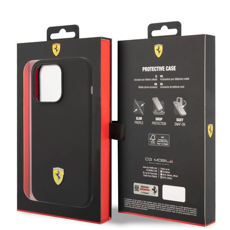CG Ferrari Magsafe Compatibility Liquid Silicone Case with Metal Yellow Logo Shield iPhone 14 Pro Compatibility - Black
