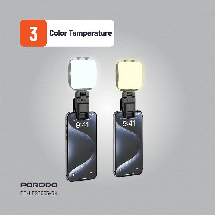 Porodo Lifestyle Clip-On Fill Light with 3 Color Temperatures, 1000mAh Battery Capacity, Up to 24 Hours Working Time, 3 RGB Lights, Wide Compatibility, 4W Power - Black