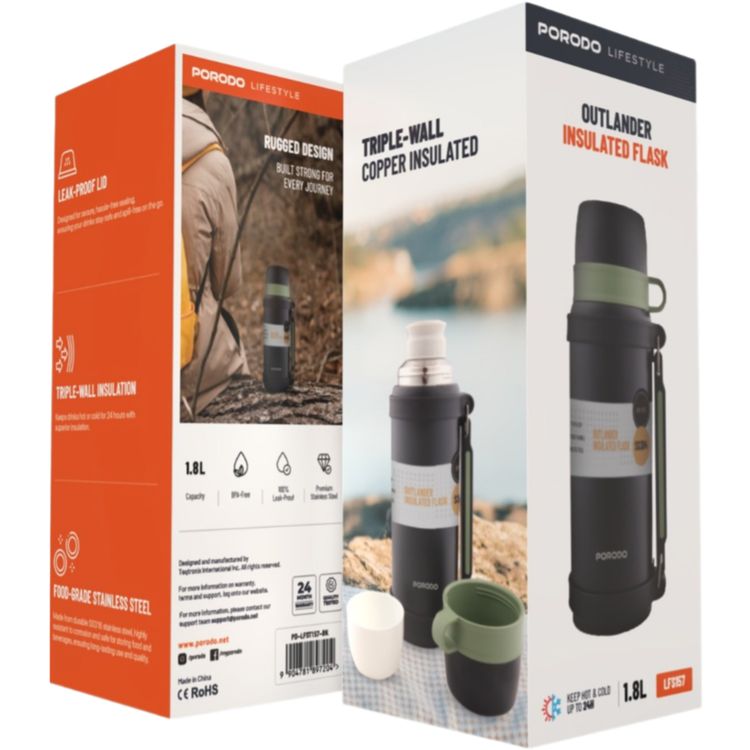 Porodo Lifestyle  Outlander Insulation Flask with Triple-Wall Copper Insulated, Leak-Proof Lid, 1.8L Capacity, Keep Hot & Cold Up to 24 Hours, Food-Grade Stainless Steel - Black
