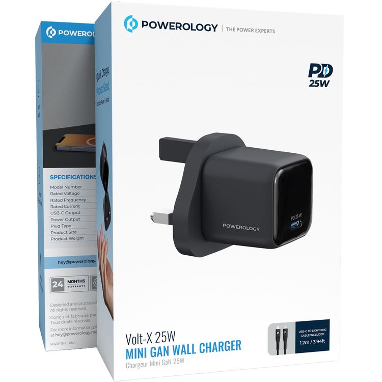 Powerology Volt-X 25W Mini Gan Wall Charger with USB-C to Lightning Cable, Universal Protocol Support, Fast Charging Speed, Wide Compatibility, Compact Travel Size - Black