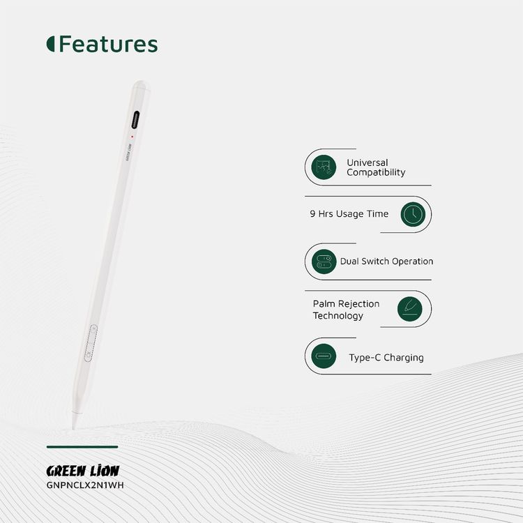 Green Lion Pencil X Universal Pen with LED Indicator, Dual System Support, 1.2mm POM Nib, 125mAh Battery, 8-9 Hours Usage Time, 5 Minutes Auto Power Off Function, Replaceable Tip, Magnetic Attachment - White