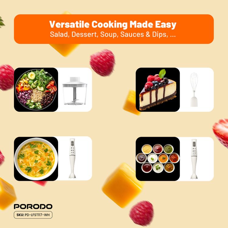 خلاط يدوي قوي من بورودو لايف ستايل، مفرمة طعام وخفاقة مع سعة وعاء 500 مل، مستويان للسرعة، قوة 300 واط، شفرات عالية الأداء، تصميم مقاوم للرذاذ - أبيض