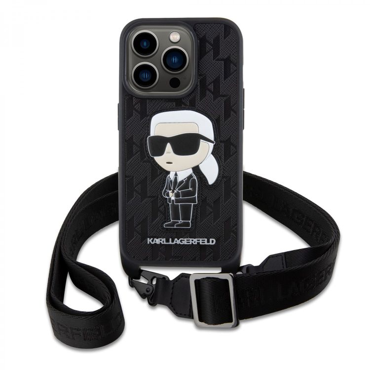 Karl Lagerfeld Crossbody Monogram IKonIK NFT Hard Case for iPhone 15 Pro - Black