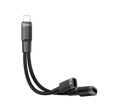 Porodo Audio & Charge Adapter with Lightning Connector, Crystal Clear Audio, Optimal Charging, Lightning Audio & Charging Inputs, Wide Compatibility, Simultaneous Charge & Play - Black