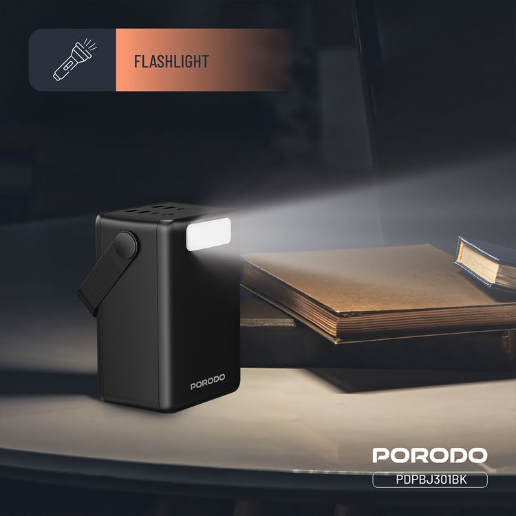 باور بانك بورودو لارا 80000 مللي أمبير/ساعة مع مصباح يدوي، مقبض محمول، PD 20 وات، شحن سريع، منفذين USB-A وUSB-C وMicro، 4 كابلات مدمجة، توافق عالمي - أسود