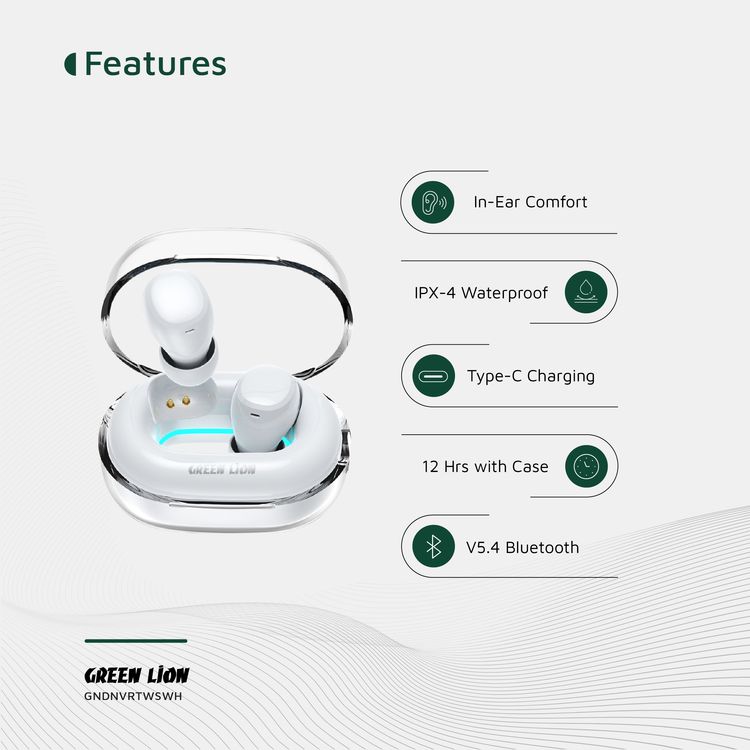 Green Lion Denver True Wireless Earbuds with IPX4 Waterproof, Voice Assistant, In-ear Comfort, Dual-Mic, Touch Control, 3 Hours Playtime - White