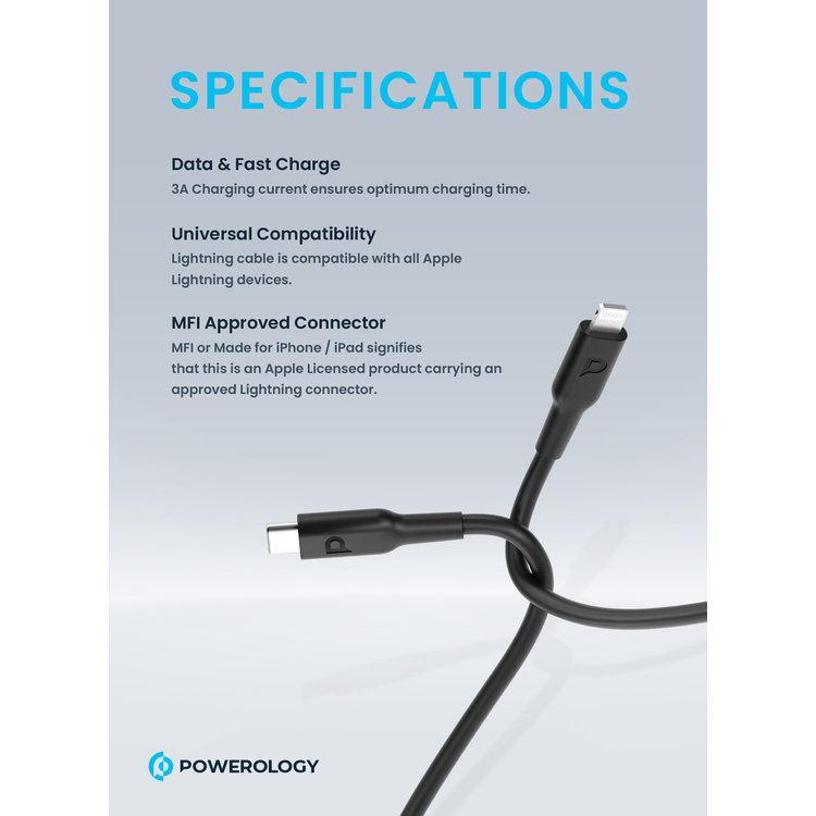 Powerology USB-C to Lightning Cable 3M, 60W, Made with durable Thermoplastic Elastomers, Withstands up to 30,000 bends - Black	