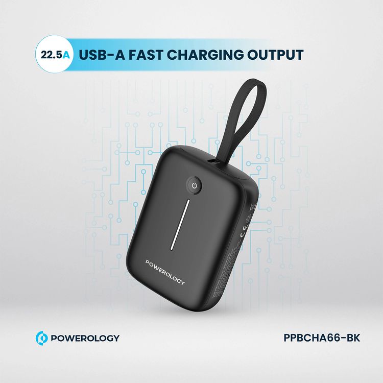 Powerology 10000mAh Power Bank with Detachable USB-C Wire, 20W Power Delivery, 3-Device Charging, Long Time Standby, Universal Phone Compatibility, Built-in Safeguards - Black