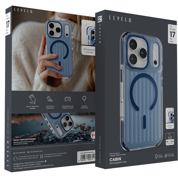 حافظة ليفيلو كابين إيليت ماج سيف لهاتف آيفون 17 برو ماكس، زوايا مقاومة للصدمات، حواف مرتفعة للكاميرا والشاشة، مقاومة للخدوش بدرجة 2H، مغناطيس قوي، تقنية "إيفر-كلير"، ممتص للصدمات، مختبر للسقوط - اللون الأزرق الداكن.