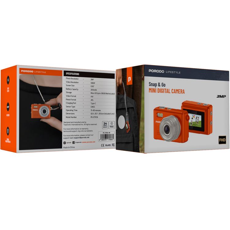 Porodo Mini Digital Camera with 0.96" HD Screen, 6 Color Filters, 2MP Photo Resolution, 1080 Pixels Video Resolution, 75-80 Minutes Operating Time, 200mAh Battery Capacity, Type-C Charging Port, Instant Webcam Function - Orange