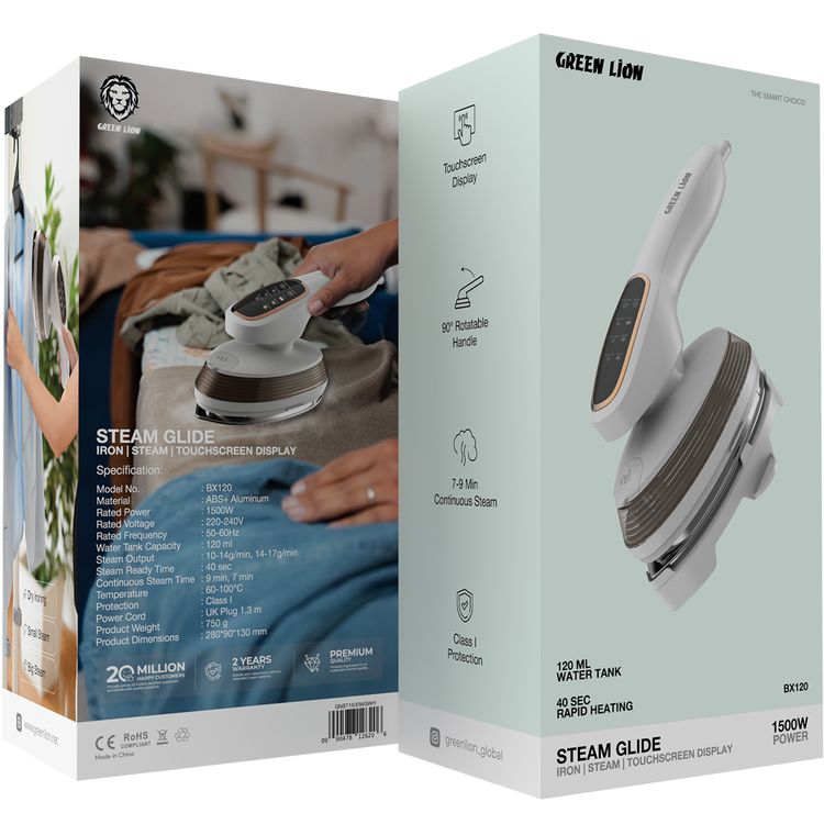 Green Lion Steam Glide Garment Steamer with Touchscreen Display, Dry Ironing & Steam Functions, 1500W Rated Power, 120mL Water Tank Capacity, 90° Rotatable Handle - White