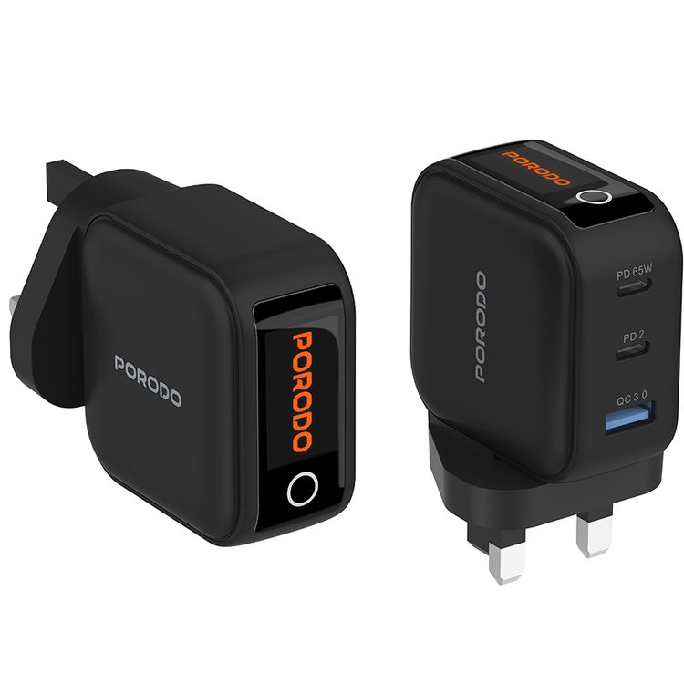 Porodo Nexora 3-Port 65W Wall Charger with Universal Compatibility, Multi-Device Charging, 65W Power Delivery, QC 30W - Black 