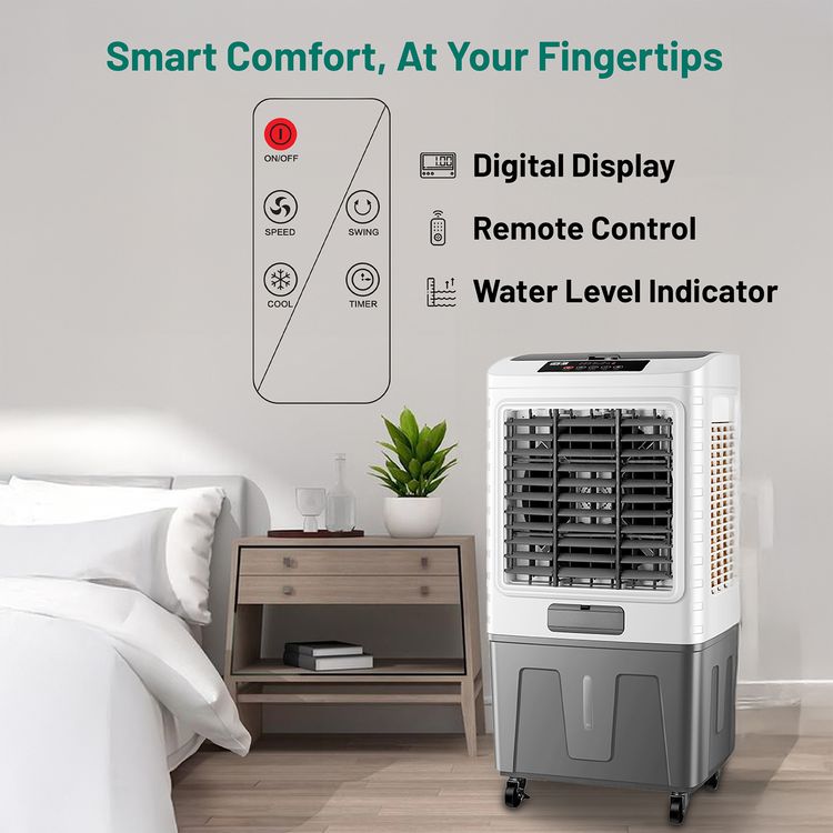 Green Lion GA40 Air Cooler with 40L Water Tank Capacity, 150W Power, 2m Cord Length, UK Plug, Digital Display, Remote Control, Humidification System - White / Gray