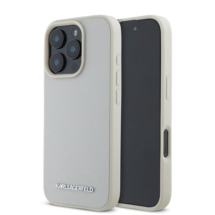 Karl Lagerfeld Saffiano Leather Hard Case with Elongated Metal Logo for iPhone 16 Pro, Drop Protection, Slim Profile - Beige 