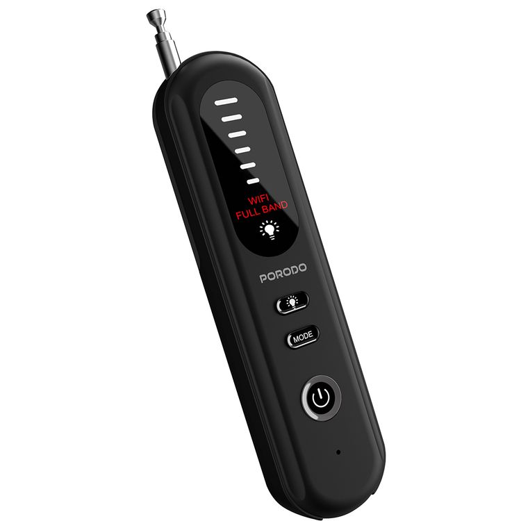 Porodo Spy Guard Wireless Signal & Camera Detector with Infrared Scanning, 8 Hours Working Time, 500mAh Battery Capacity, 6 Sensitivity Levels, Audible Alarm - Black