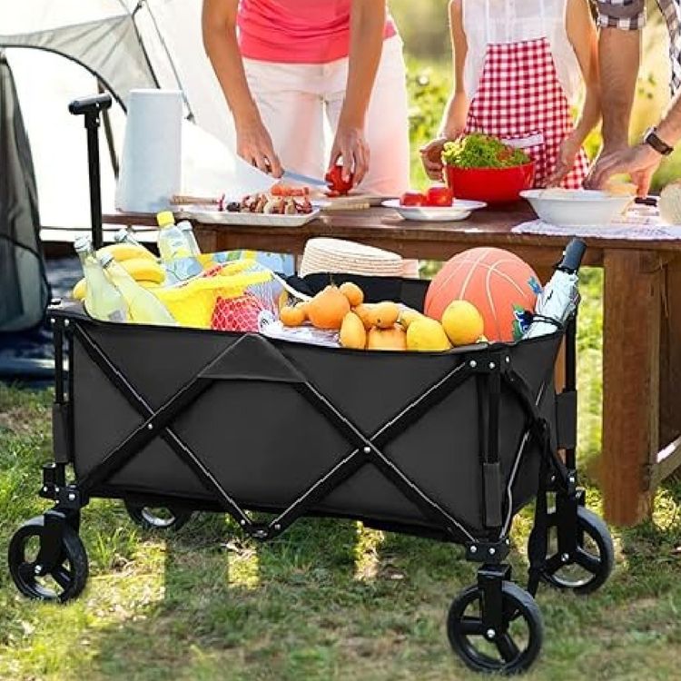 Green Lion Folding Wagon Cart with 100kg Load Capacity, Fast Set-Up & Fold, Adjustable Handle, Foldable - Black