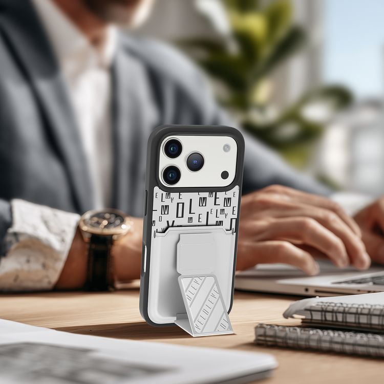 حافظة Levelo Morphix GripStand مع حامل بطاقات لهاتف iPhone 17 Pro، بتصميم فاخر ومطبوع، ممتصة للصدمات، حواف مرتفعة لحماية الكاميرا والشاشة، وحزام مغناطيسي للوقوف - سيلفرستون.