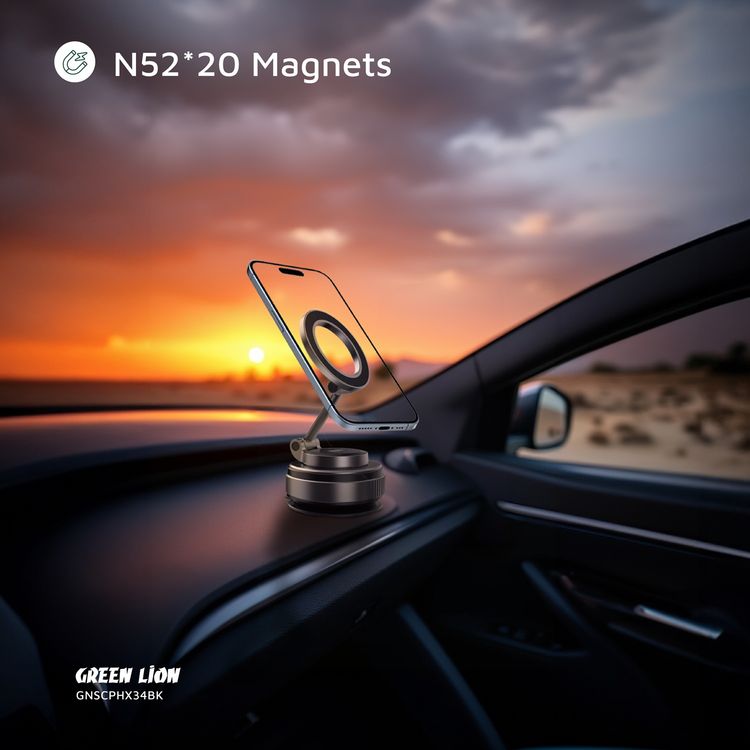 Green Lion GX-34 Suction Phone Holder with MagSafe Compatibility, 1.5kg Adsorption Force, N52 Magnets, 360° Rotation, Adjustable Mount, 16-65 kPa Pressure - Black