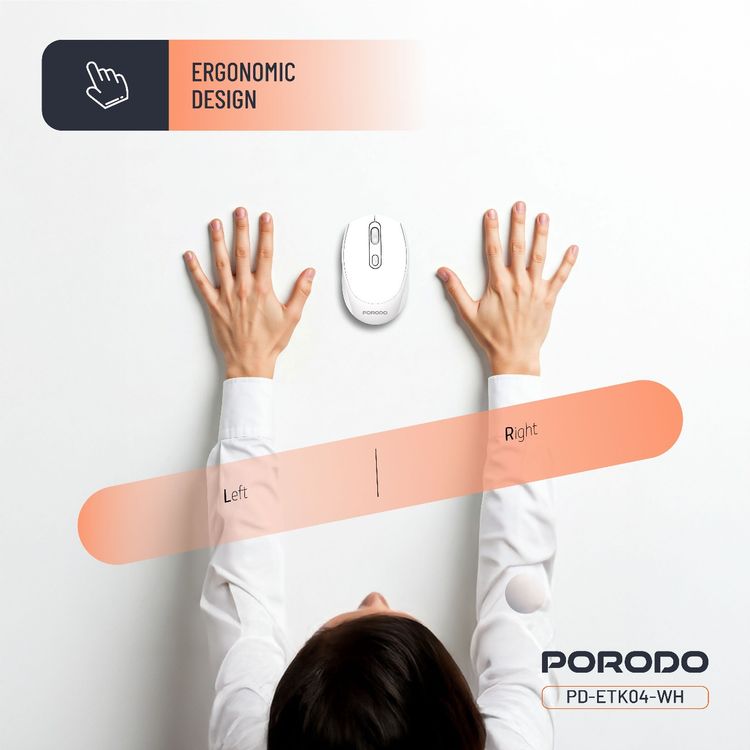Porodo Dual Mode Wireless Mouse with Adjustable DPI Up to 1600, 7m to 10m Effective Range, 300mAh Battery Capacity, Bluetooth V5.4, Ergonomic Design, Plug & Play - White