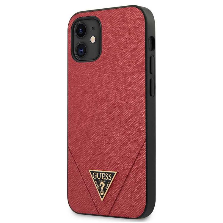 CG Mobile Guess PU Saffiano V Stitched w/ Metal Logo Case for iPhone 12 Mini (5.4") Officially Licensed, Shock Resistant, Scratches Resistant, Easy Access to All Ports, Cameras - Red