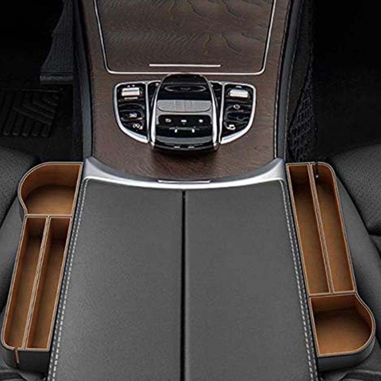 Baseus Elegant Car Storage Box with 3 Compartments, Built-in Cup Holder, Dedicated Slot for Cables, Faux Leather with Flannel Lining, Polished Finish - Black / Brown 