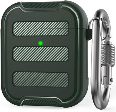 AhaStyle Rugged Armor Premium TPU Case with Anti-Lost Carabiner Compatible for AirPods 1/2, Hard-Shell Protective Cover, Scratch Resistant, Shock Absorption, Drop Protection, & Dustproof Protective Silicone Cover Supports Wireless Charging - Midnight Green