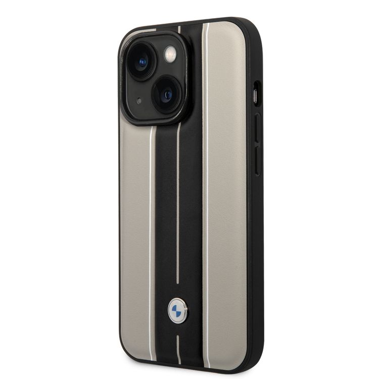 BMW Signature Collection Genuine Leather Case with Hot Stamp Lines, iPhone 14 Compatibility - Beige