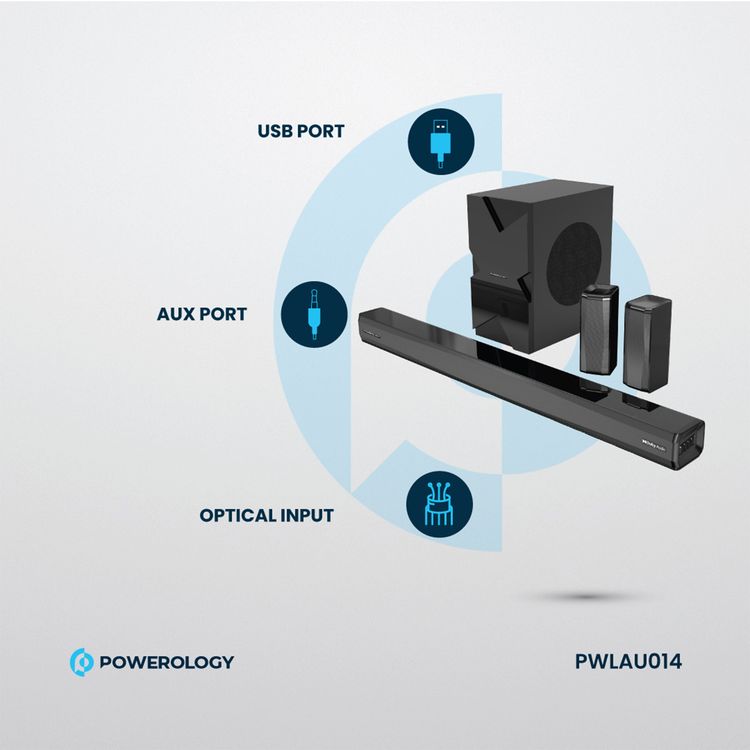 Powerology 5.1CH Home Theater Soundbar with Dolby Audio with Wireless Subwoofer/Surround, 10M Bluetooth Range, LED Display, Remote control, TV ARC Input, USB & AUX Port -  Black