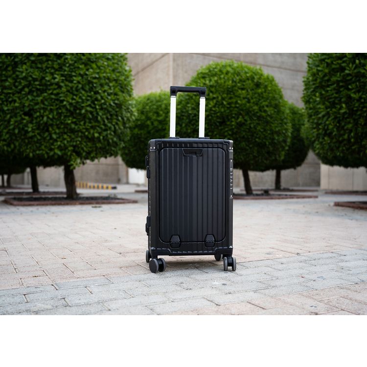 Levelo RoamRollers Travel Luggage with an Aluminum Body, USB-A & USB-C Output, Metal Corner Protection, Front Pocket Compatible with Up to 15.6" Laptop, Phone Holder and Cup Holder, Silent Spinner Wheels - Black 